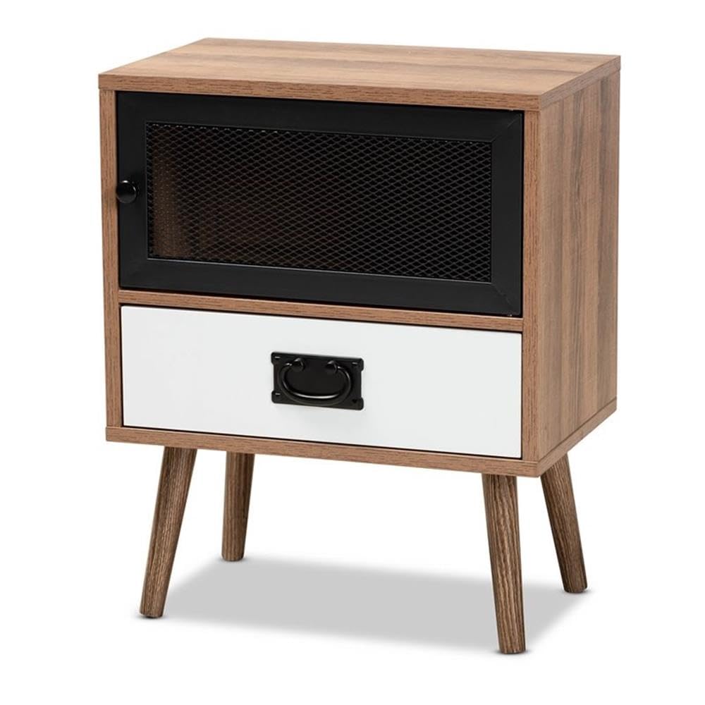 Baxton Studio Hubbard Mid-Century Modern Two-Tone Natural Brown and White Finished Wood and Black Metal 1-Drawer Nightstand